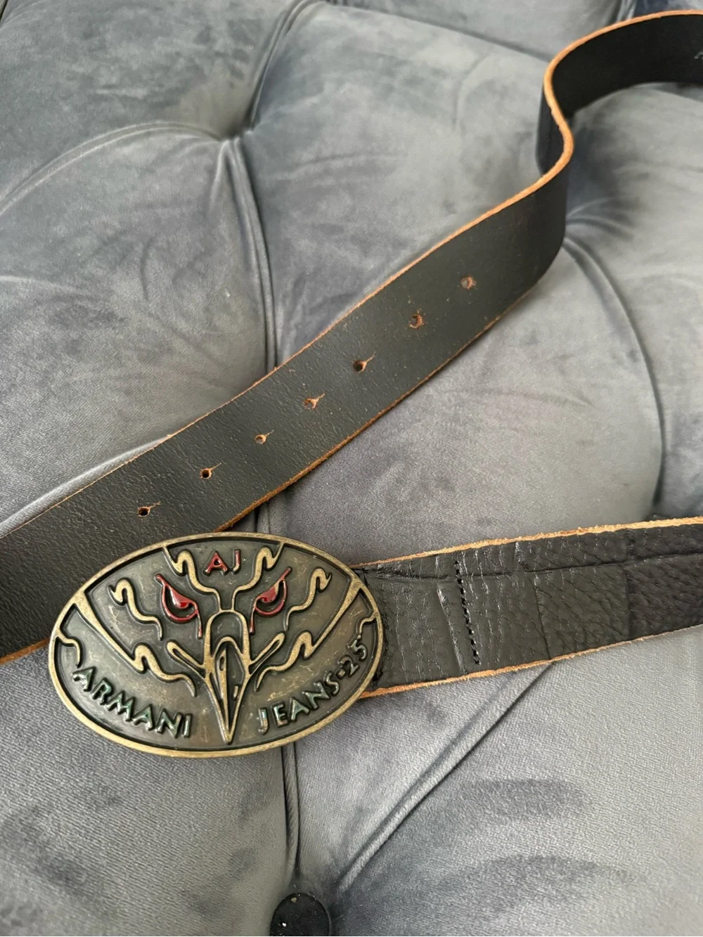 Vintage Y2K Armani Jeans Black Leather Belt with Brass Eagle Buckle